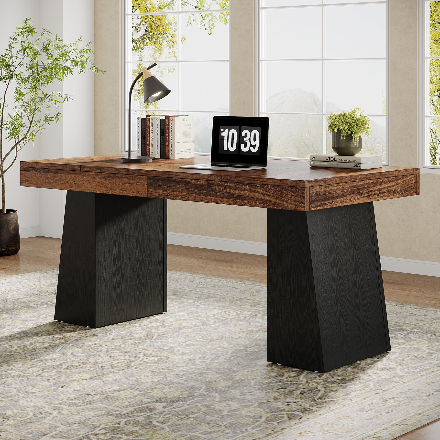 55" Executive Office Desk with Double Trapezoid Base, Modern Wooden Computer Desk for Home Office#Color_Brown & Black