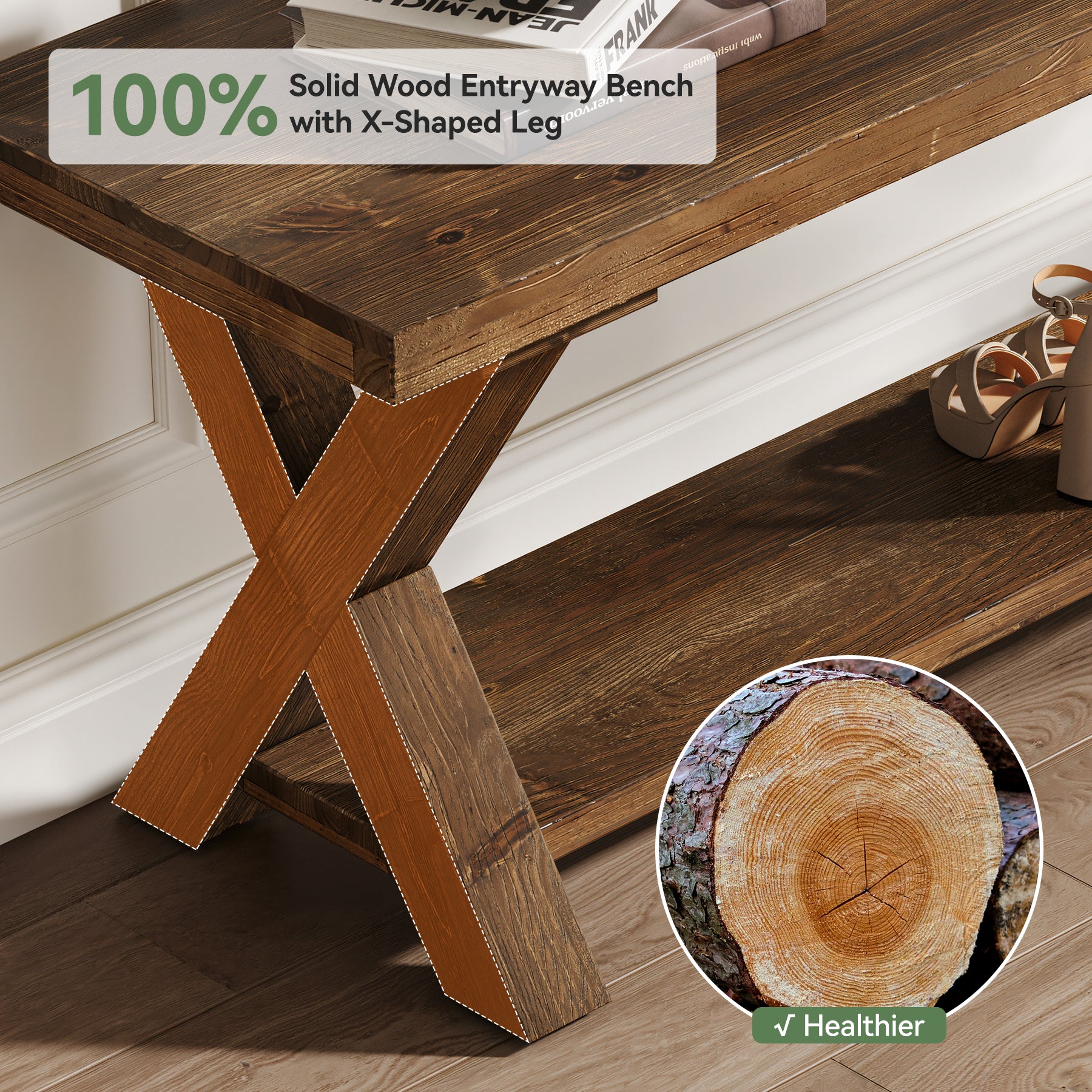 43.3" Solid Wood Bench, Farmhouse Entryway Bench with Storage Shelf