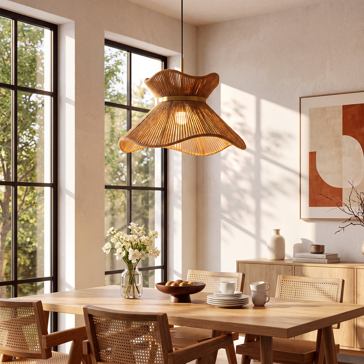 15.75" Farmhouse Rattan Pendant Light, Woven Boho Chandelier