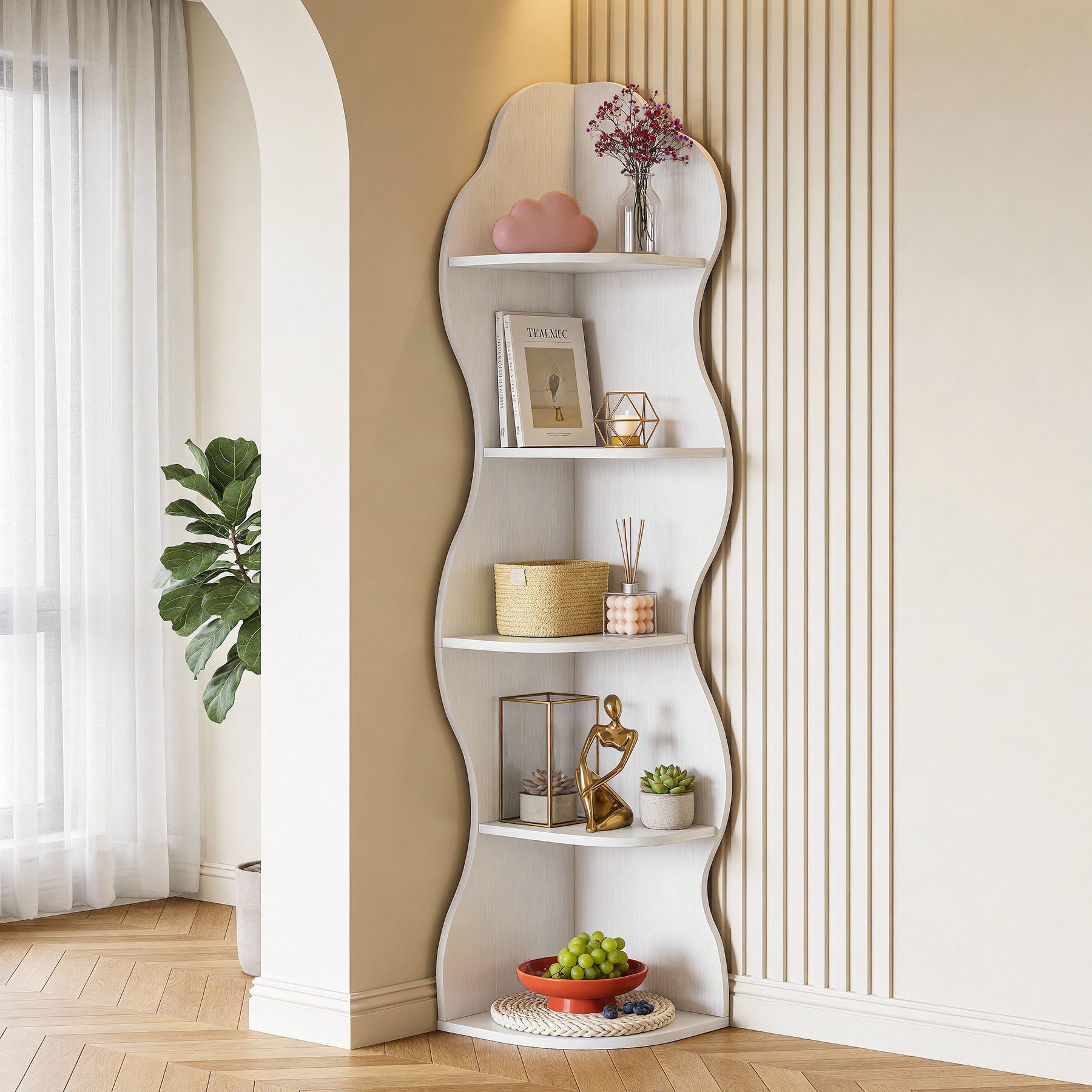 Tribesigns White 5-Tier Corner Bookshelf, Curved Tall Bookcase for Small Spaces