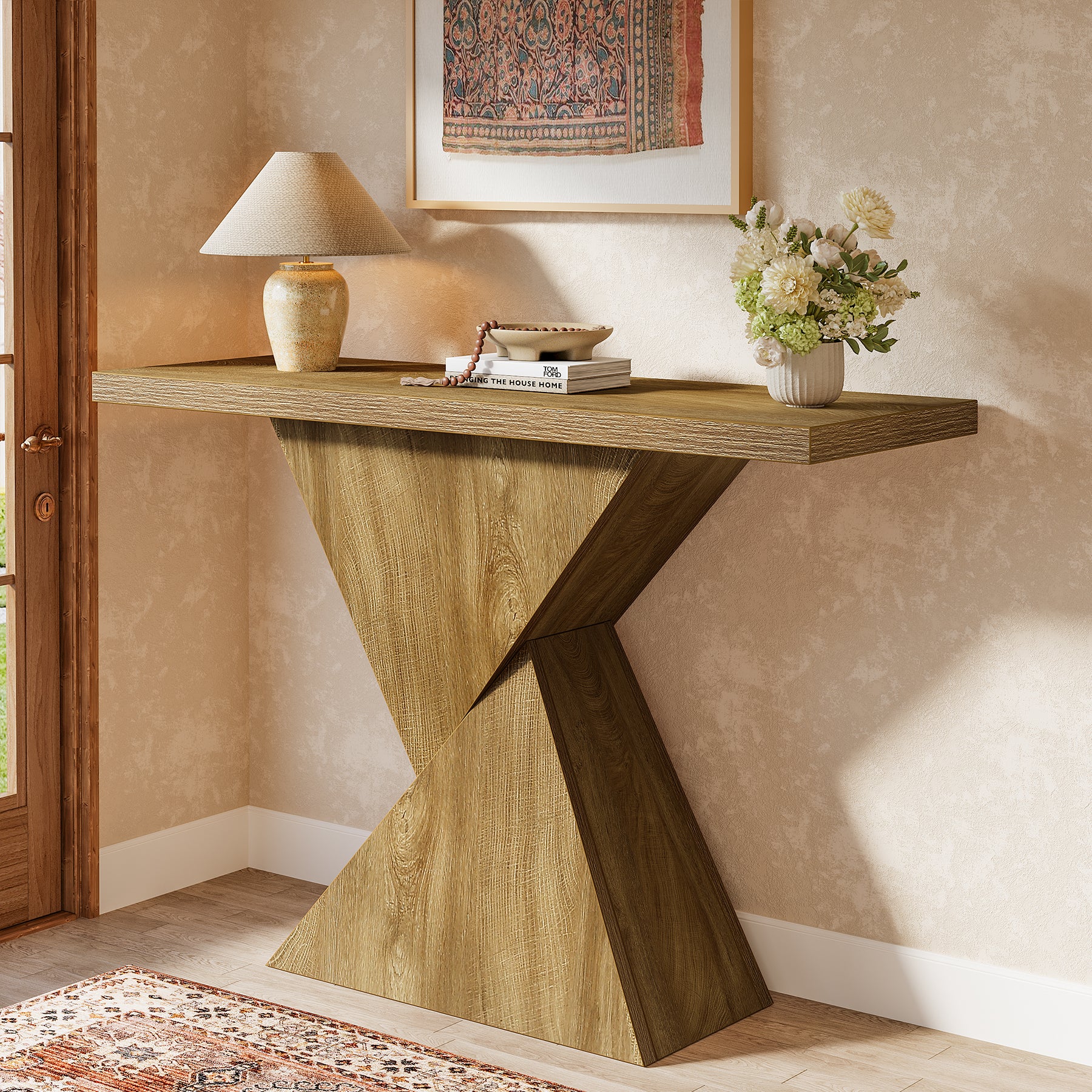 41.5" Narrow Farmhouse Console Table with Geometric Base, Entryway Sofa Table for Hallway, Foyer, or Behind Couch