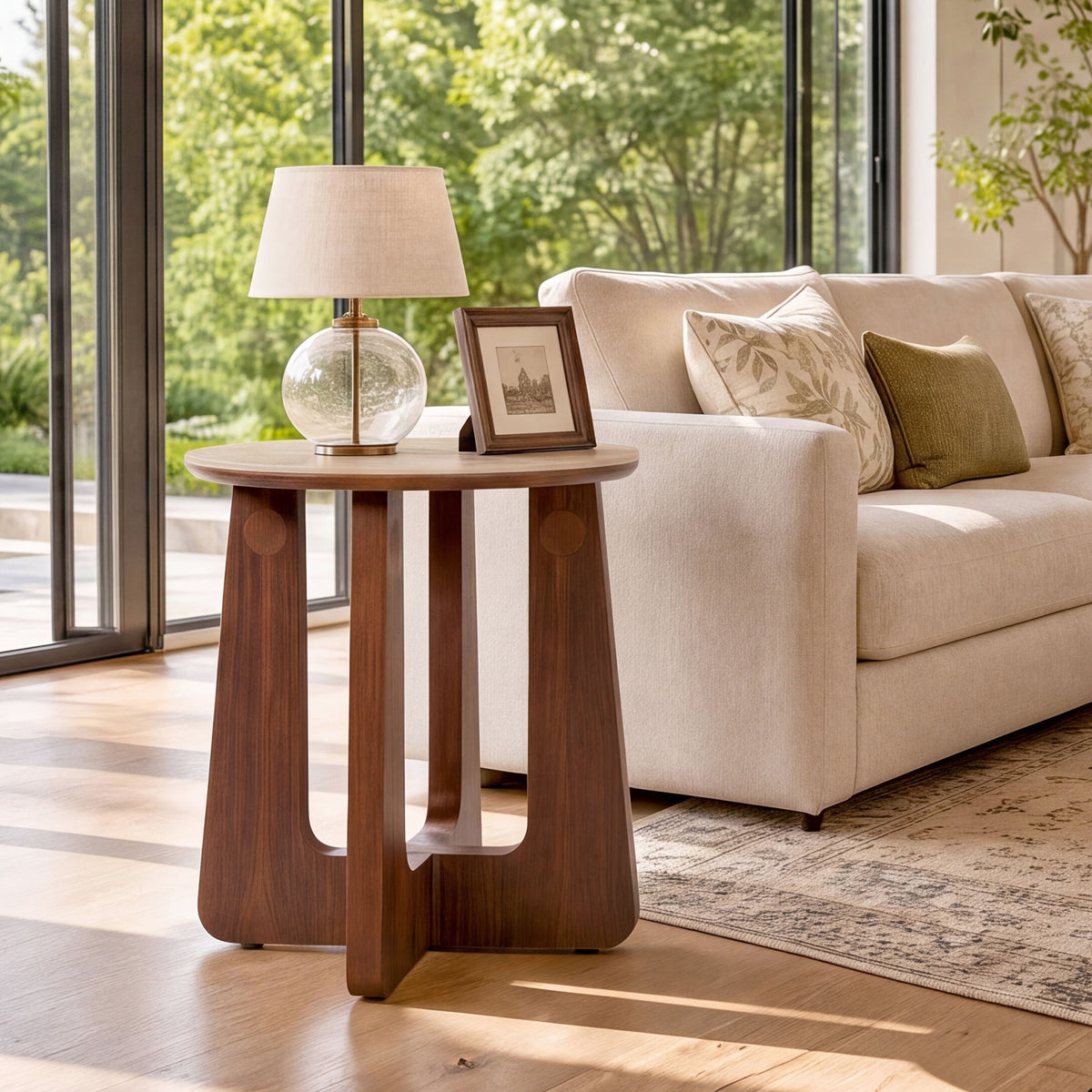 19" Round End Table, Sintered Stone with Solid Wood Base, Mid-Century Modern