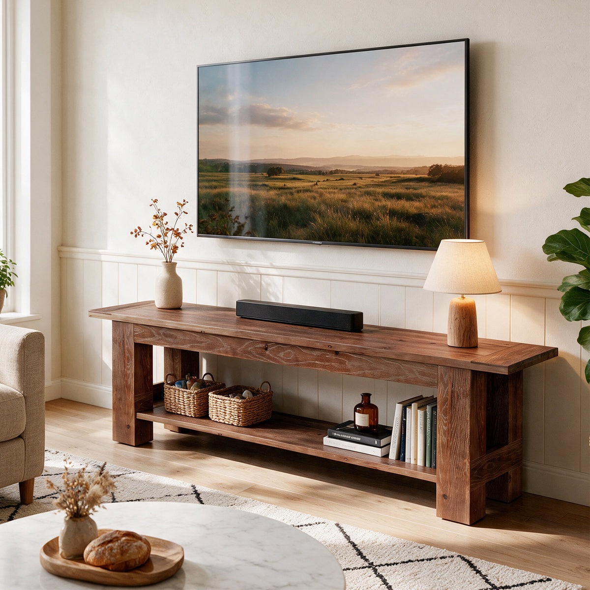 71" Rustic Solid Wood TV Stand for 75" TV, Entertainment Center with Storage Shelf