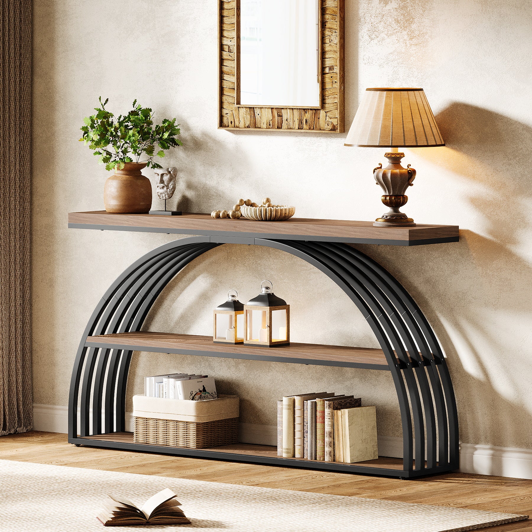 63" Console Table, 3-Tier Sofa  Entryway Table with Arched Frame