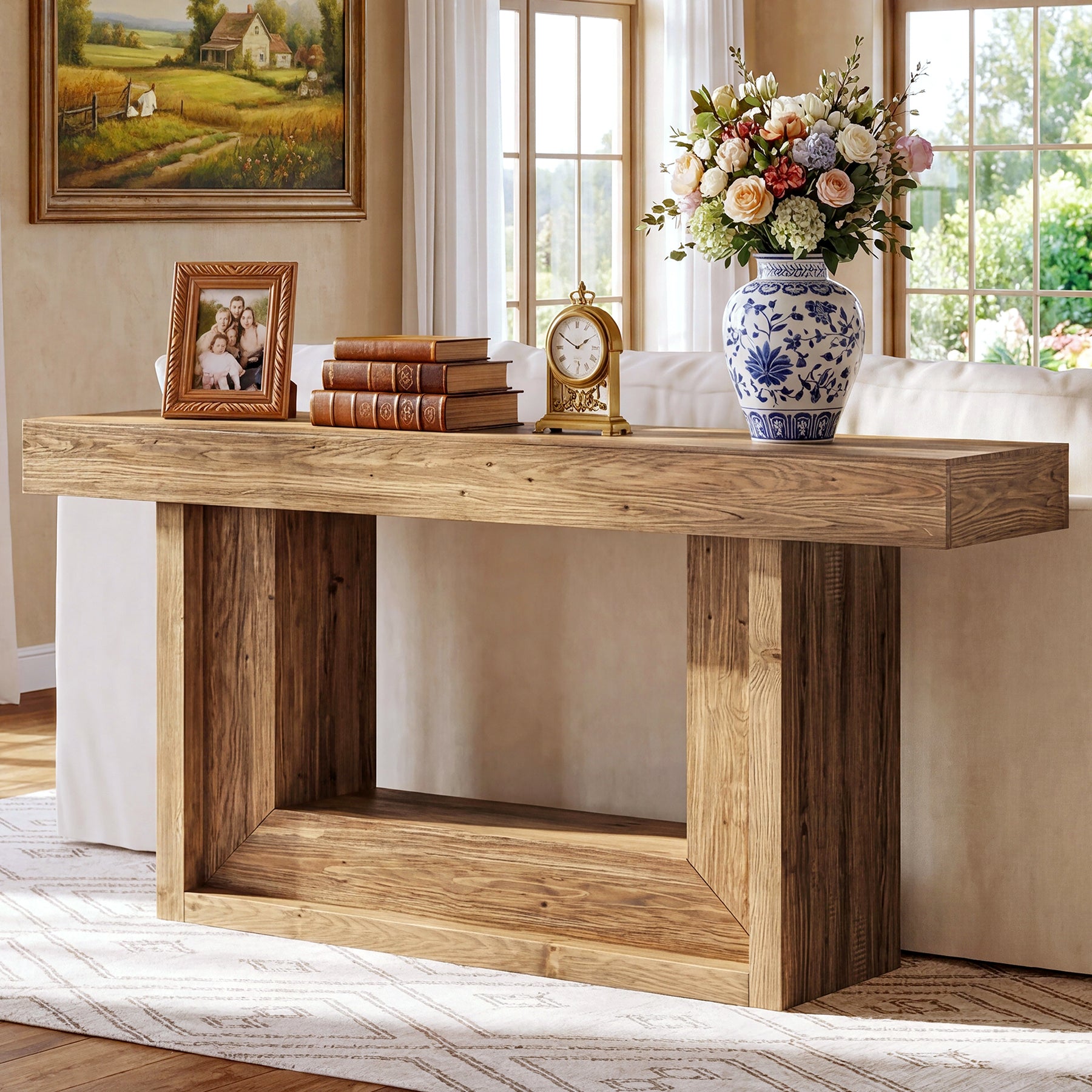 63" Solid Wood Console Table with U-Shaped Base, Farmhouse Narrow Entryway Table with Open Storage Shelf