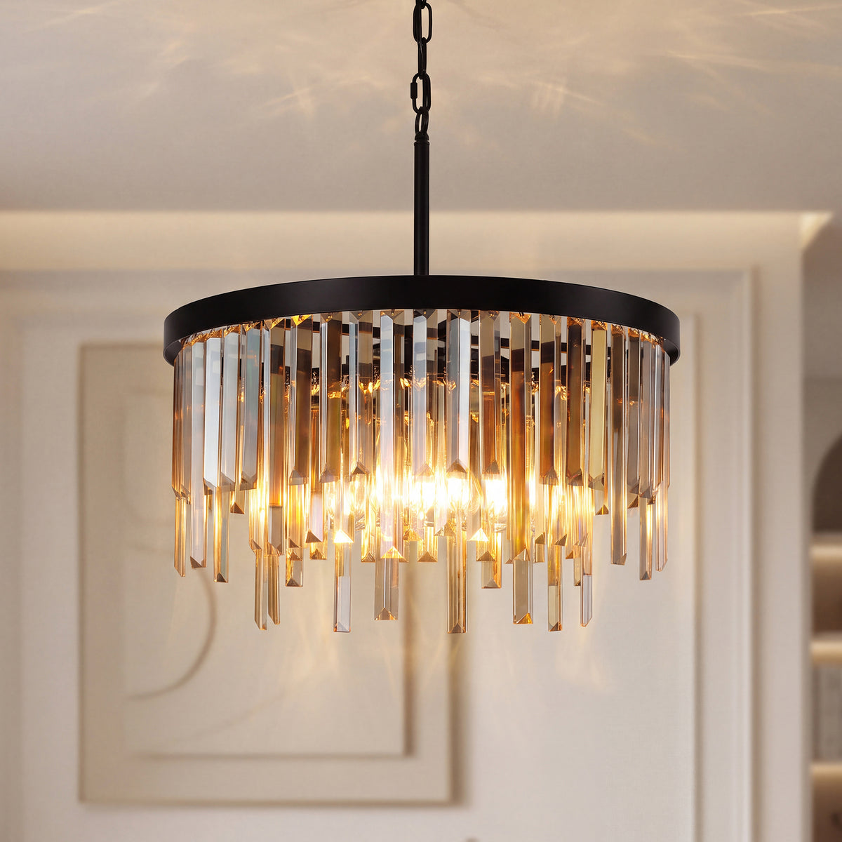 20" Modern Crystal Chandelier, 6-Light Black Pendant Light with Amber Crystal