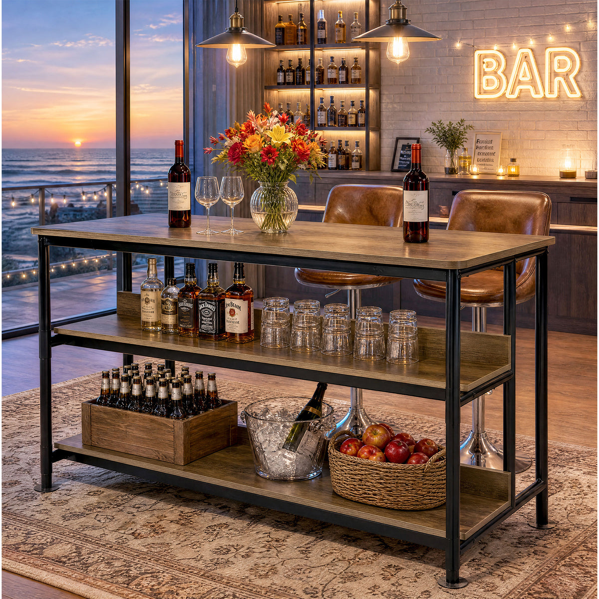 59" Home Bar Table with 3-Tier Storage Shelves, Counter Height, Kitchen Dining Room Pub Table