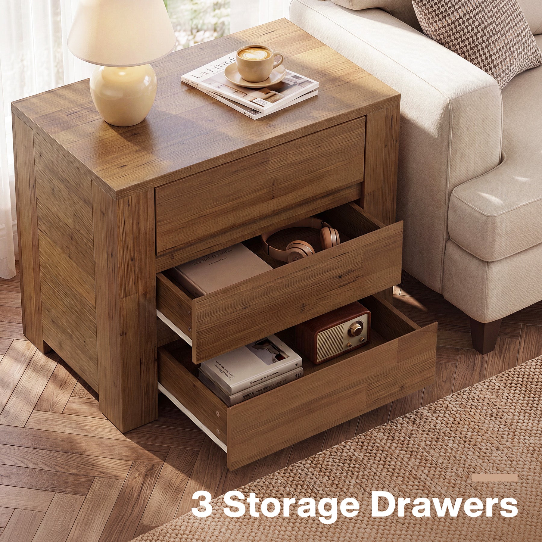 31.5" Wide Nightstand, Oversized Bedside Table with 3 Drawers for Bedroom