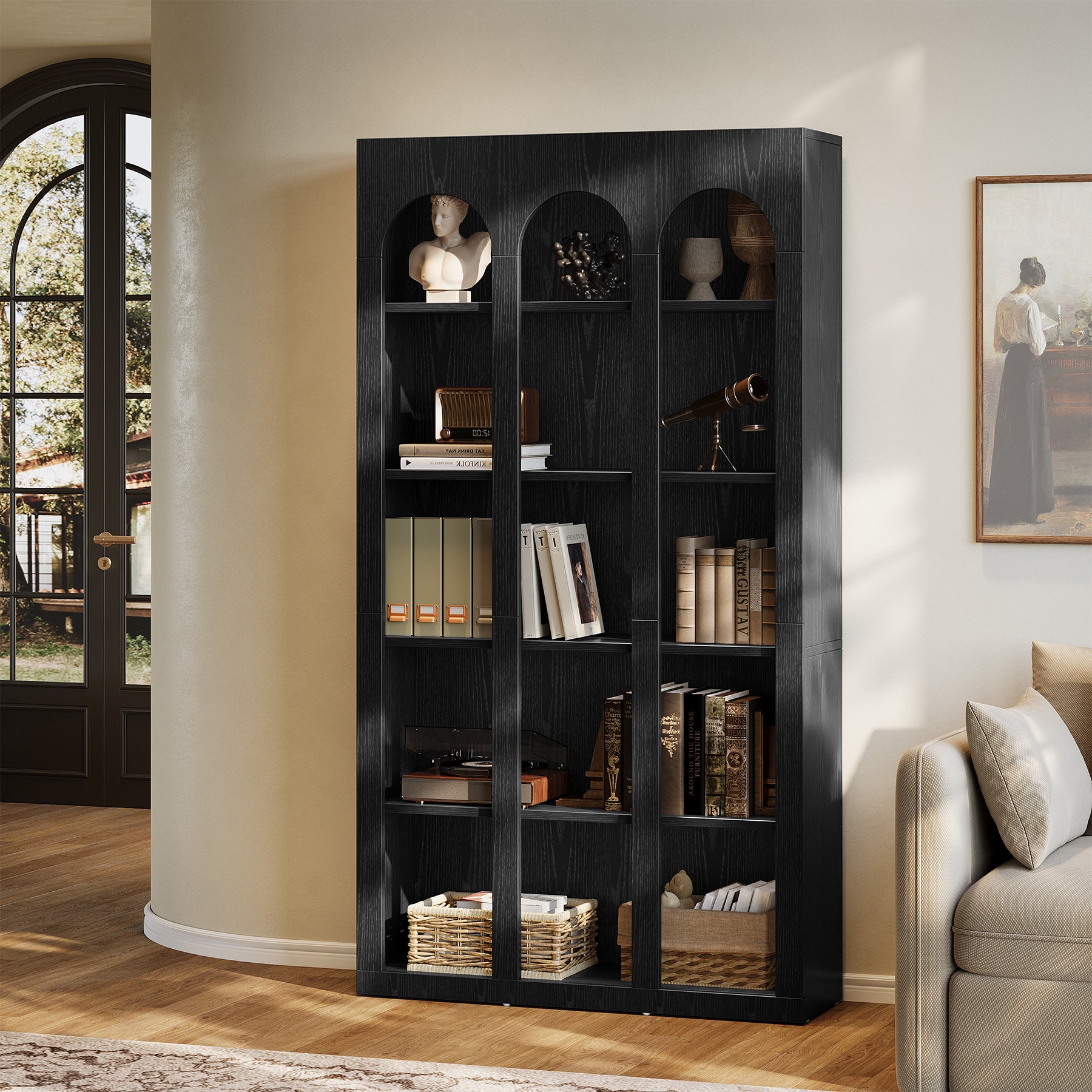 70.8" Arched 5-Tier Bookshelf with Open Shelves, Vintage Farmhouse Style Tall Display Bookcase