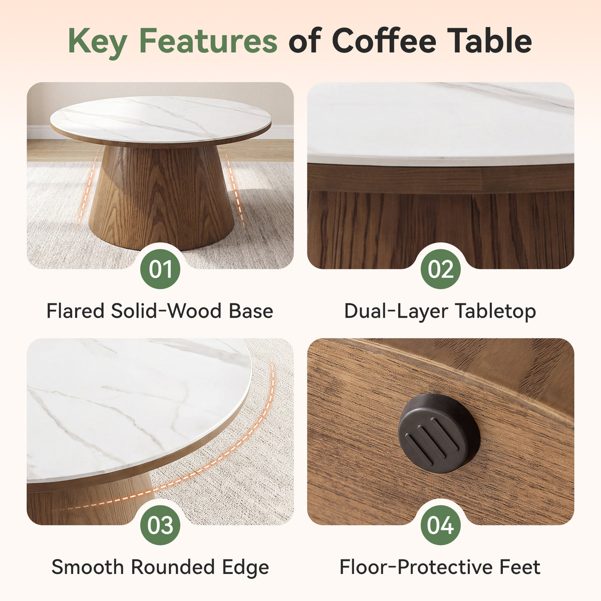 32" Round Coffee Table with Sintered Stone Top, Sculptural Solid Wood Pedestal Base
