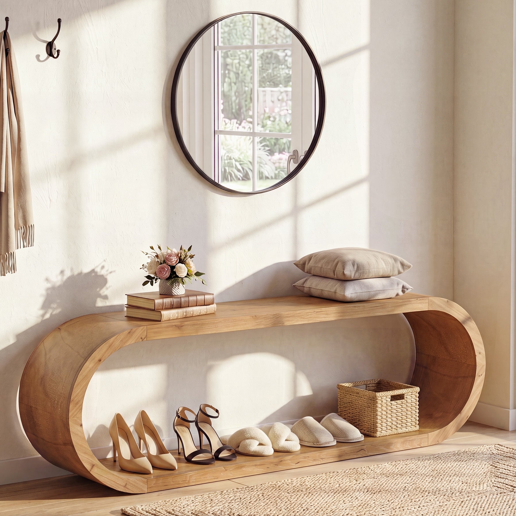 70.8" Entryway Bench, 2-Tier Solid Wood Shoe Bench for Hallway & Bedroom