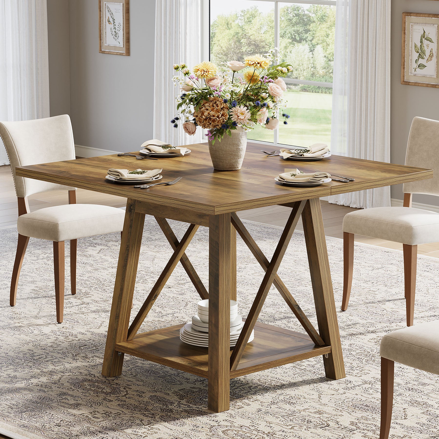 Square Dining Table for 4, 39.37" Kitchen Table with Shelf Storage
