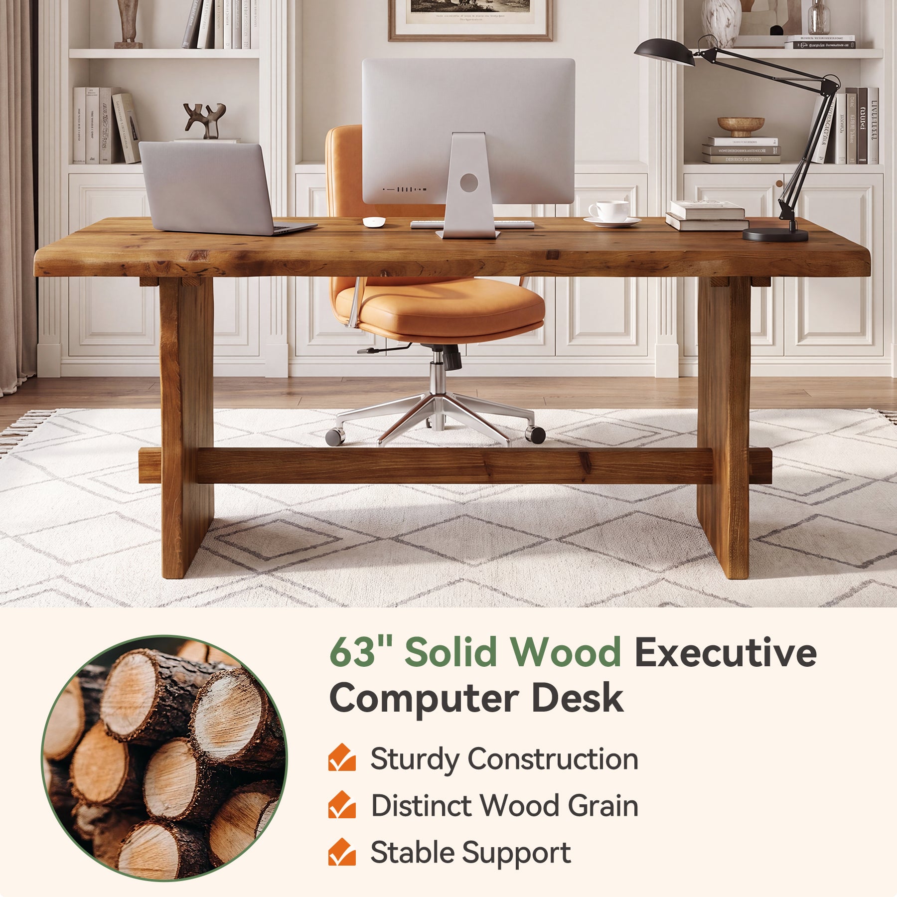 63" Solid Wood Executive Desk, Live Edge Computer Desk with Sturdy Panel Legs for Home Office