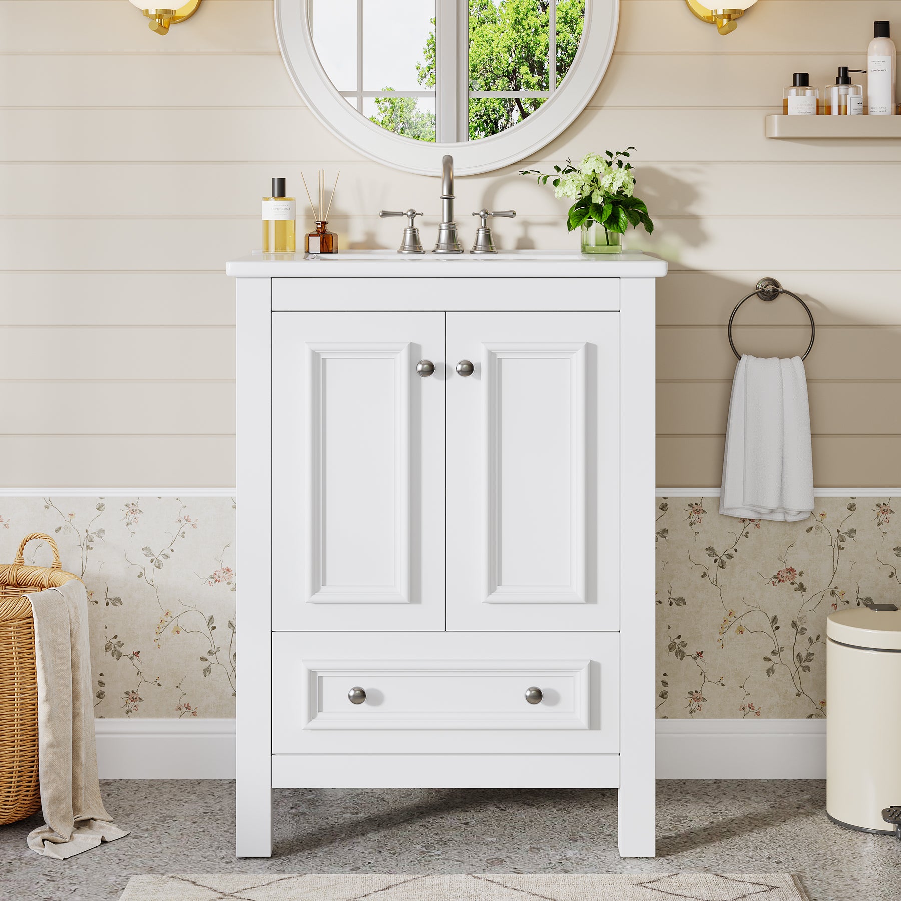Modern Bathroom Vanity, Vanity Cabinet with Ceramic Basin and 1 Drawer