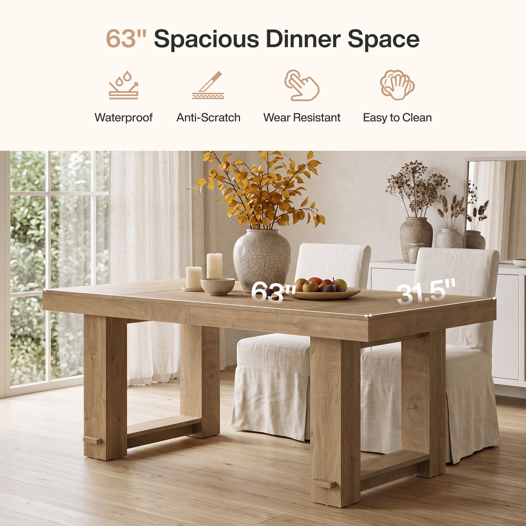 63" Large Dining Table, Rectangular Farmhouse Kitchen Table for 4-6 People