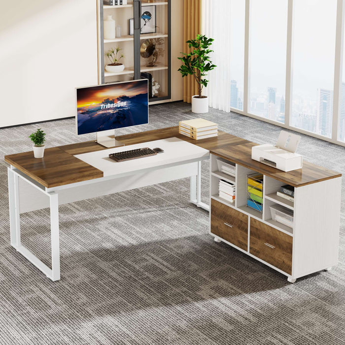 L-Shaped Executive Desk, 63" Computer Desk with Mobile File Cabinet