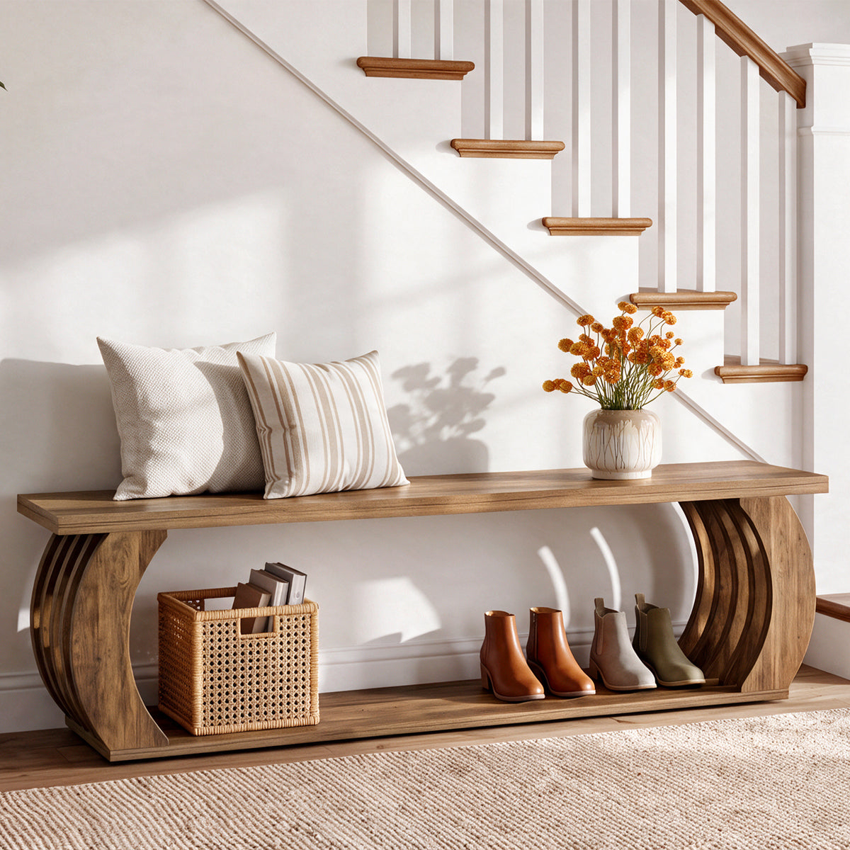 63" Farmhouse Entryway Bench with Shoe Storage, 2-Tier Hollow Legs