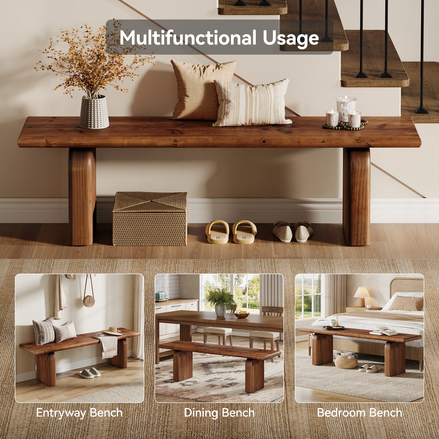 62.99" Solid Wood Entryway Bench, Farmhouse Indoor End of Bed Bench