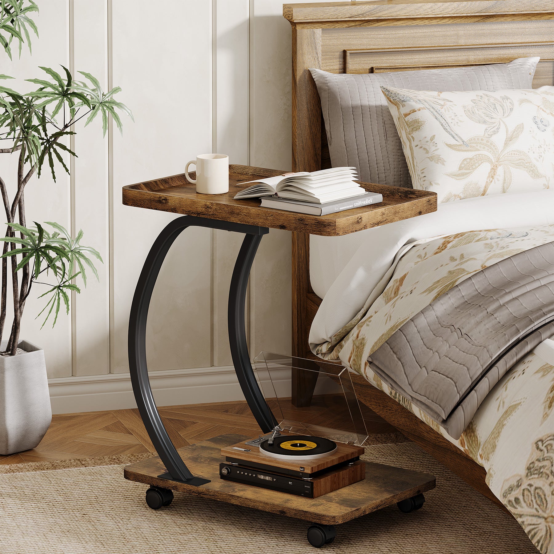 C-Shaped End Table, Industrial 2-Tier Side Table with Wheels