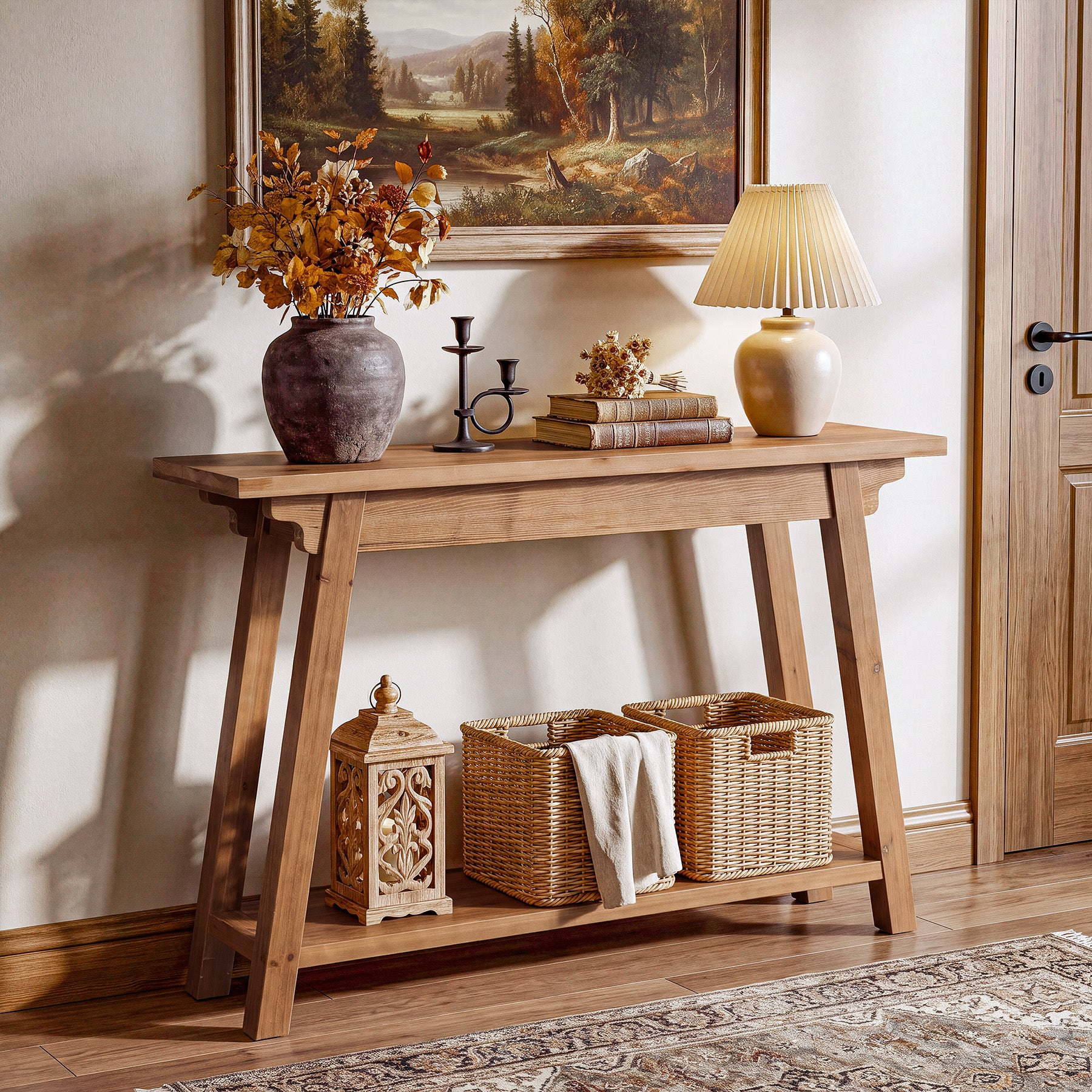 41.3" Solid Wood Console Table, 2-Tier Farmhouse Entryway Table with Stable A-Frame