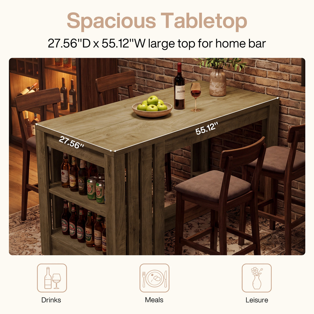 55" Bar Table, Farmhouse Counter Height Pub Table with 2-Tier Storage & Slatted Side Panel