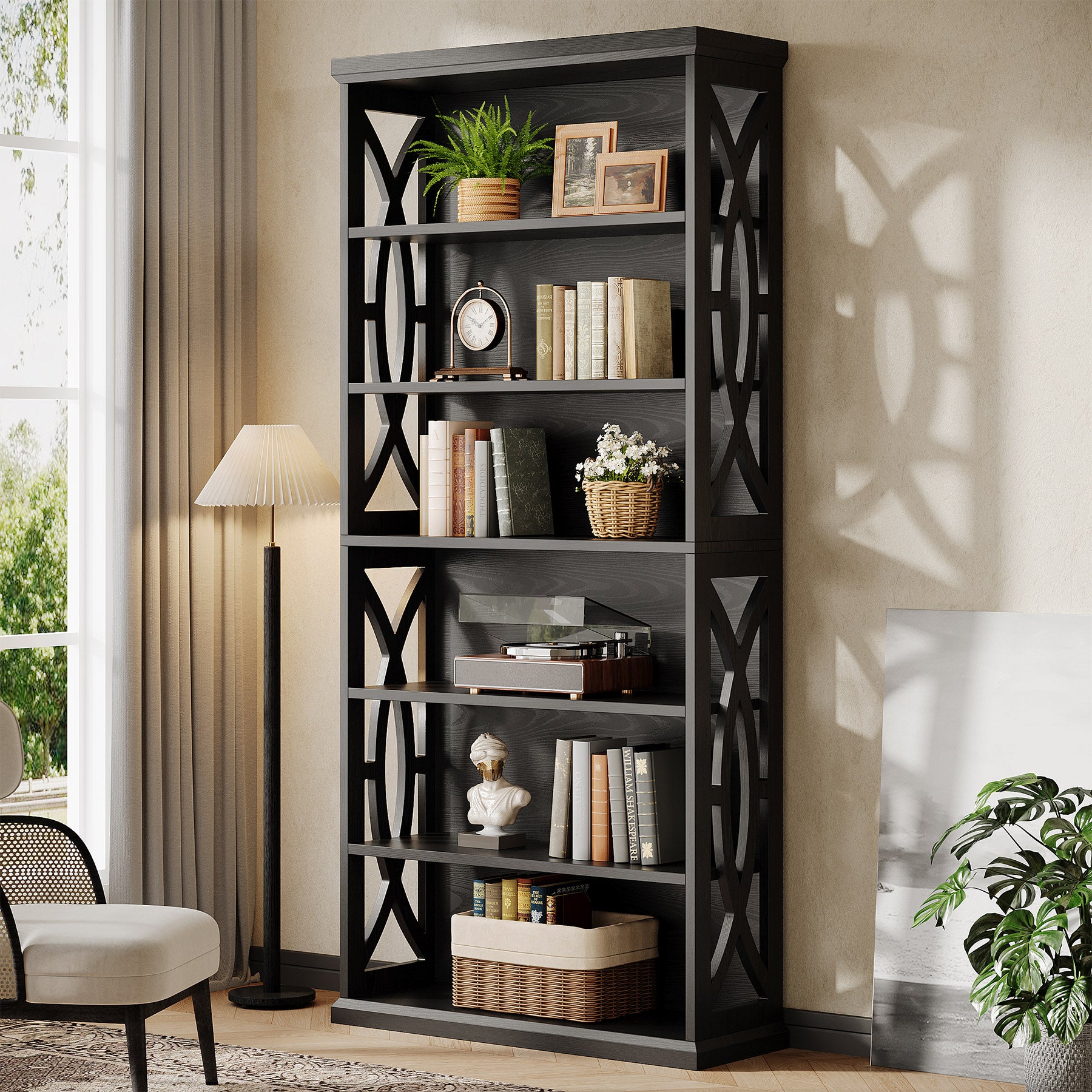 71" Wooden Bookshelf, 6-Tier Freestanding Bookcase Display Shelves
