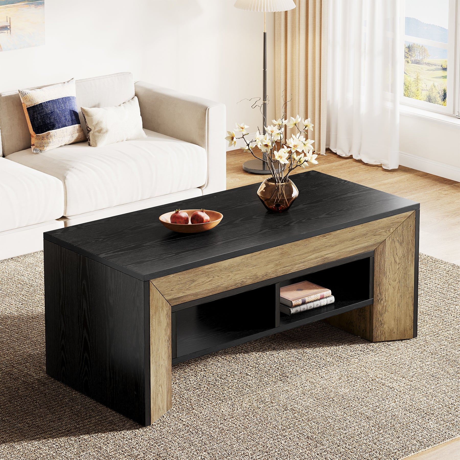 47" Modern Coffee Table, Rectangular Center Table with 2-Tier Storage