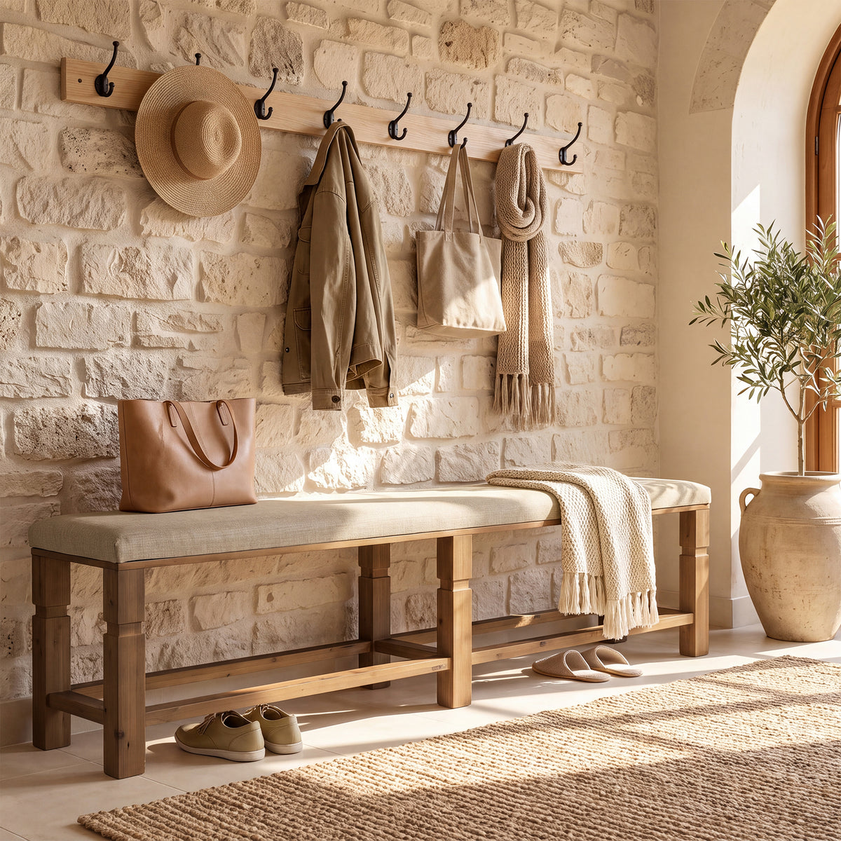 70.87" Upholstered Solid Wood Entryway Bench with Linen Fabric Padded Seat