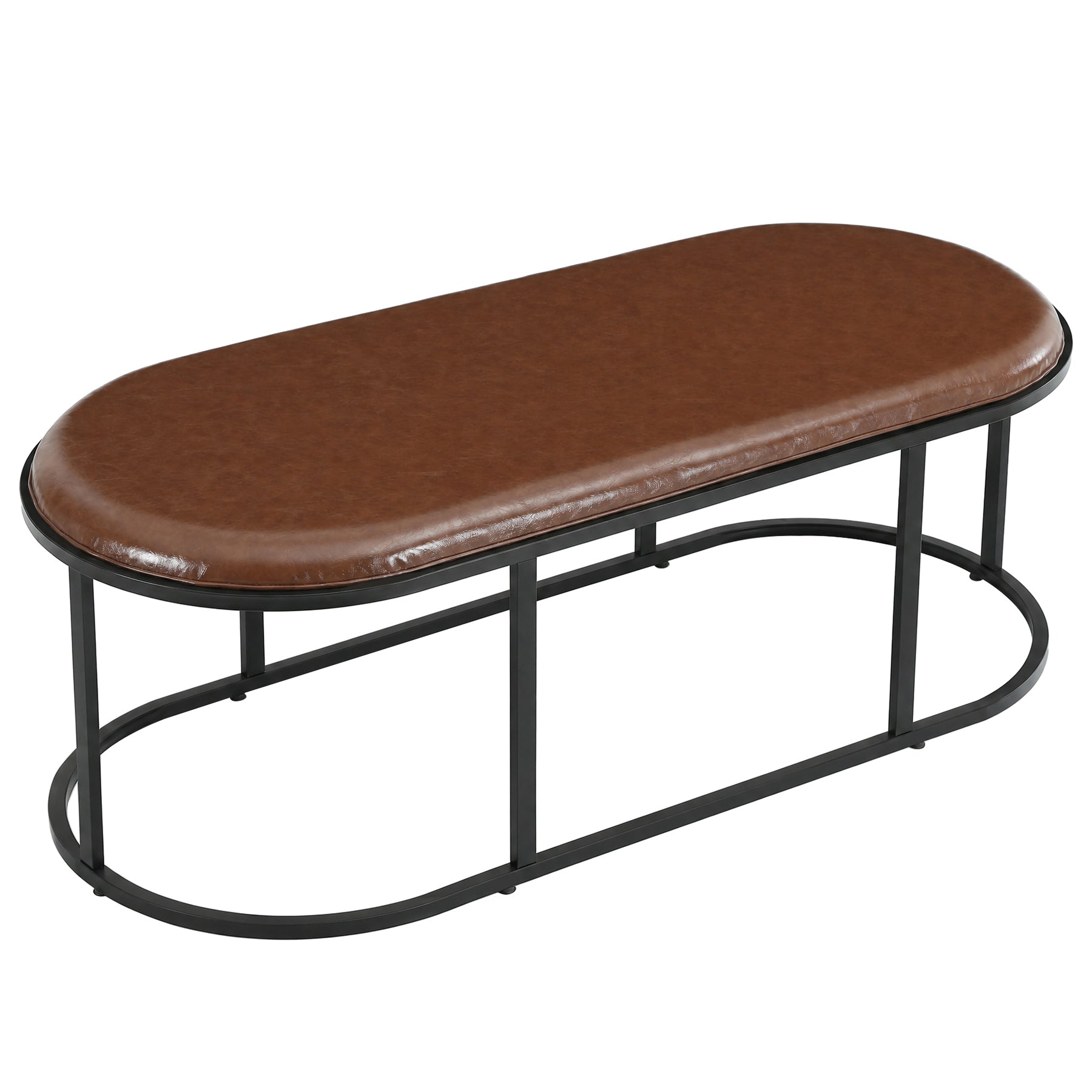 Oval Faux Leather Coffee Table, 55.12" Upholstered Center Table with Metal Base