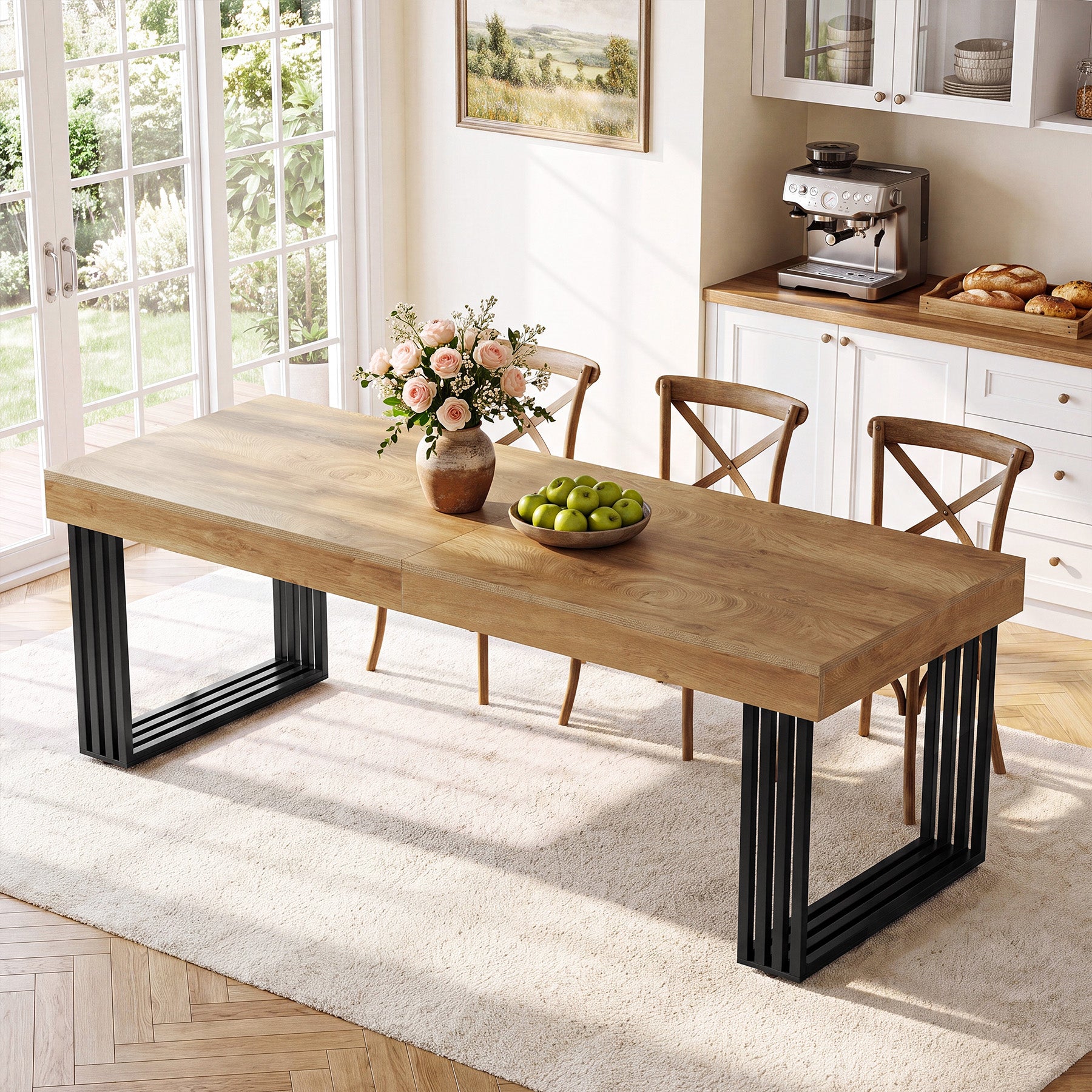 79" Large Dining Table with Metal Frame, Wood Kitchen Table for 6-8