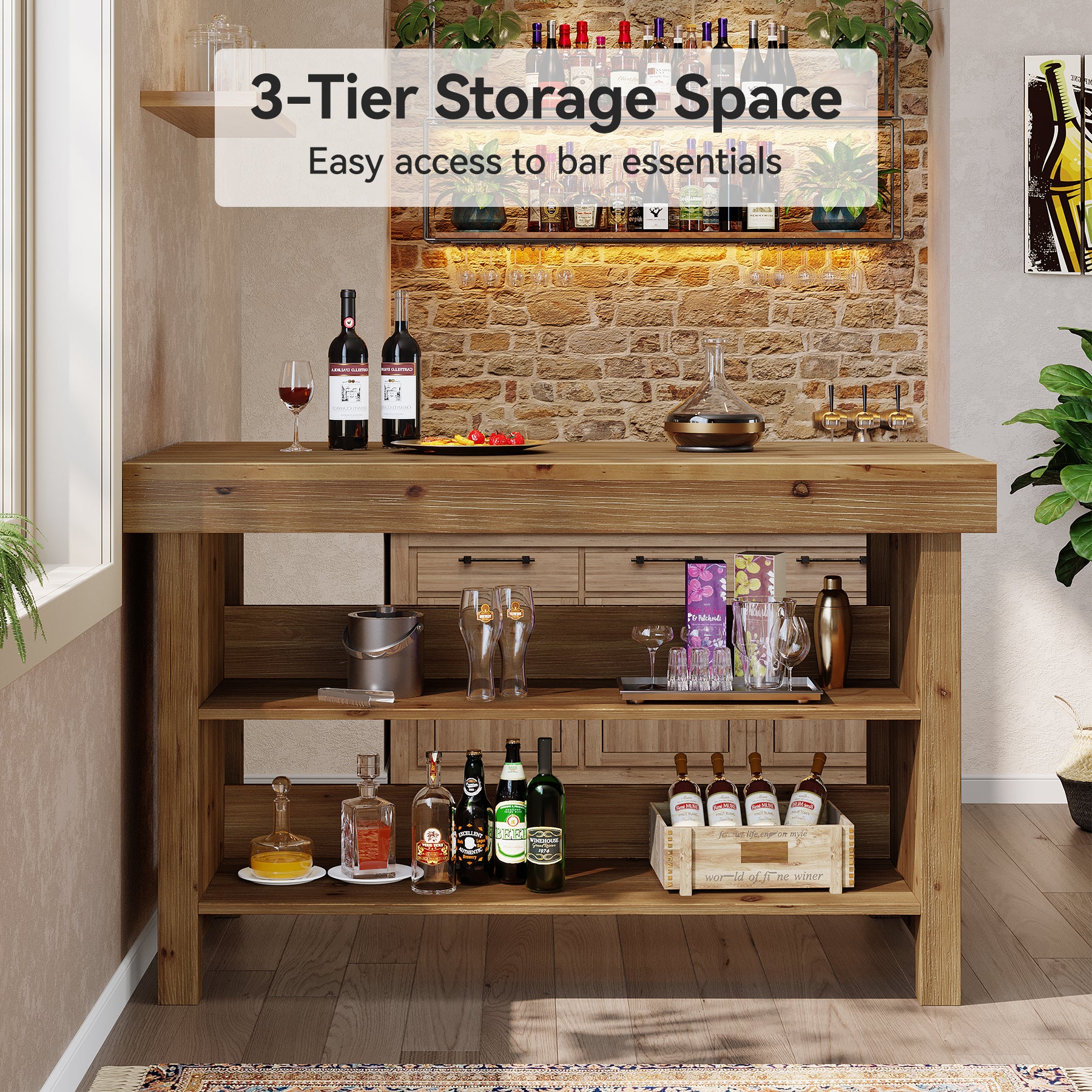 55" Farmhouse Bar Table, 3-Tier Solid Wood Bar Unit with Open Storage Shelves