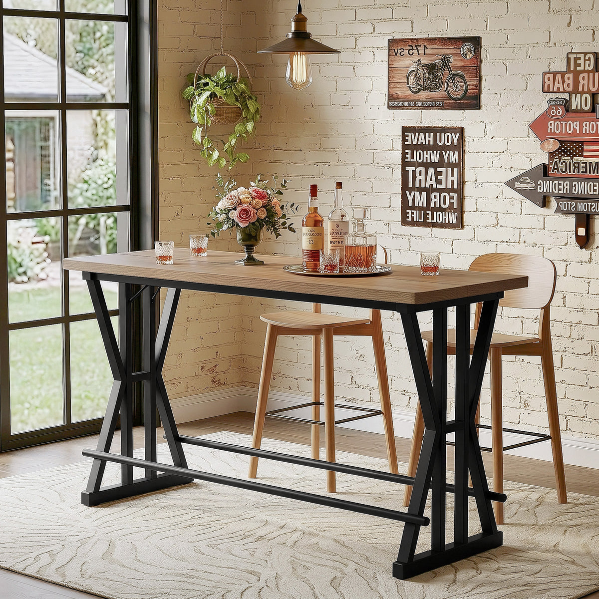 63" Bar Table with X-Frame Metal Legs, Industrial Counter-Height Pub Table for 4-6