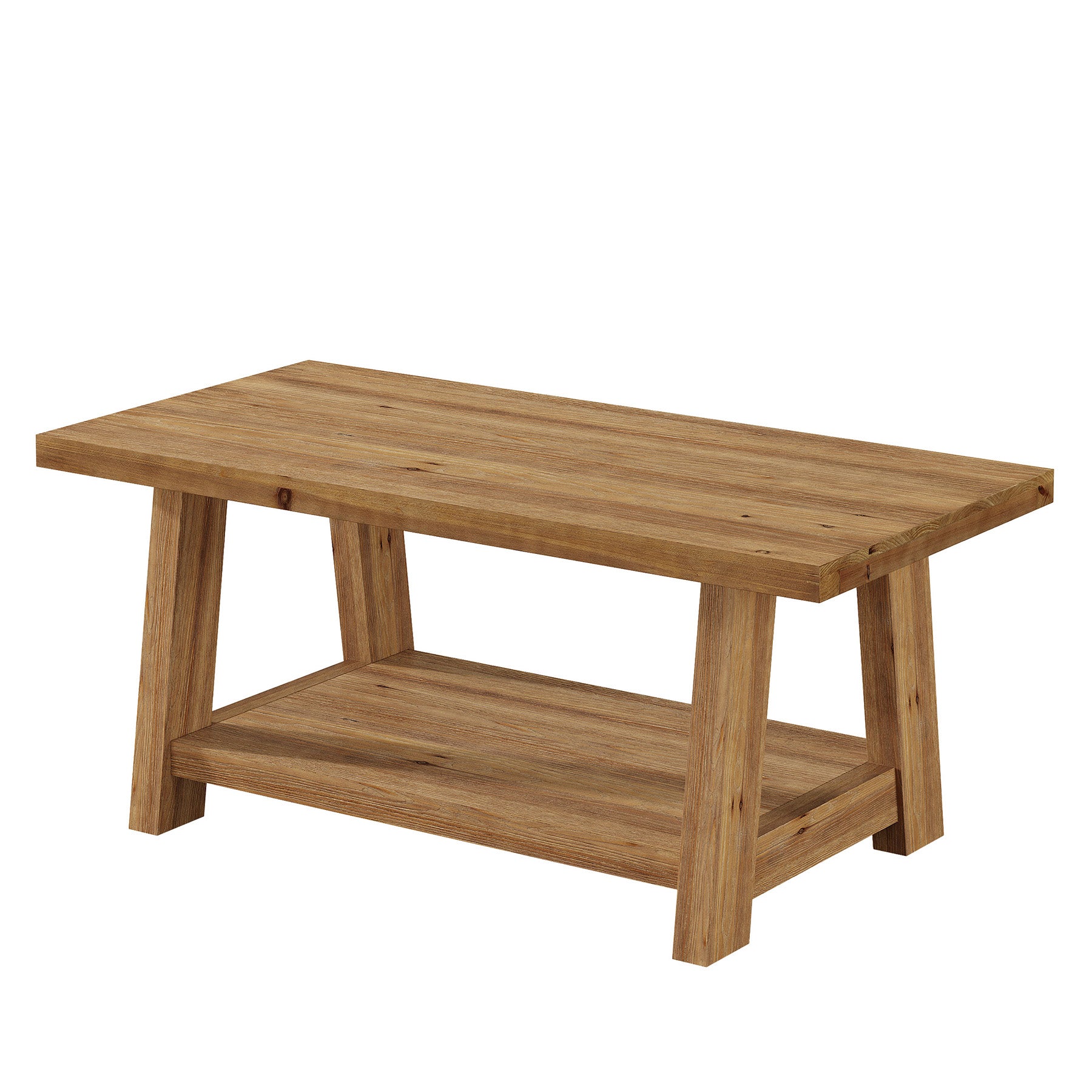 Solid Wood Coffee Table, 2-Tier Rectangle Center Table with Lower Storage Shelf