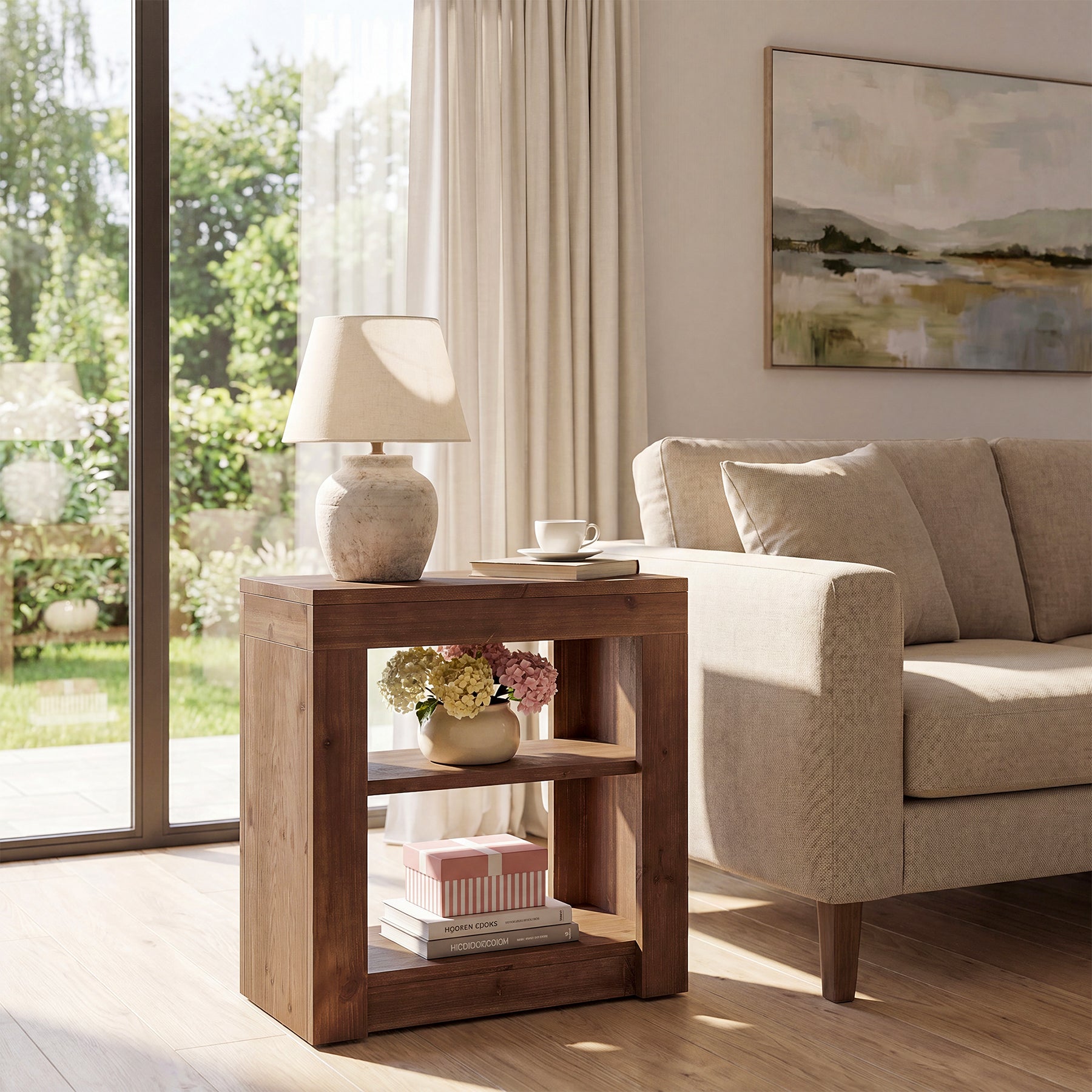 Solid Wood Rectangle End Table, Slim Side Table with Storage Shelf for Living Room