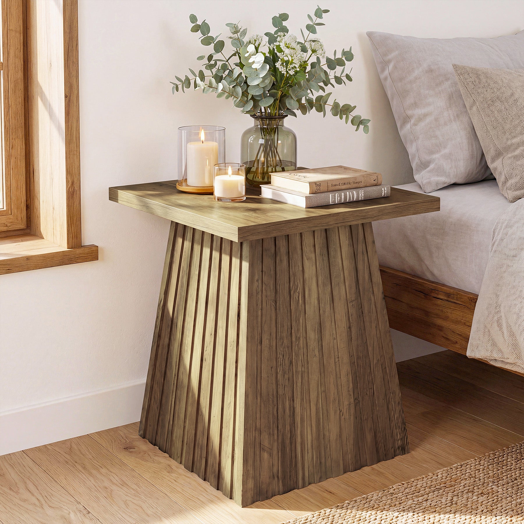 19.7" Square End Table, Modern Rustic Side Table with Fluted Base for Small Space