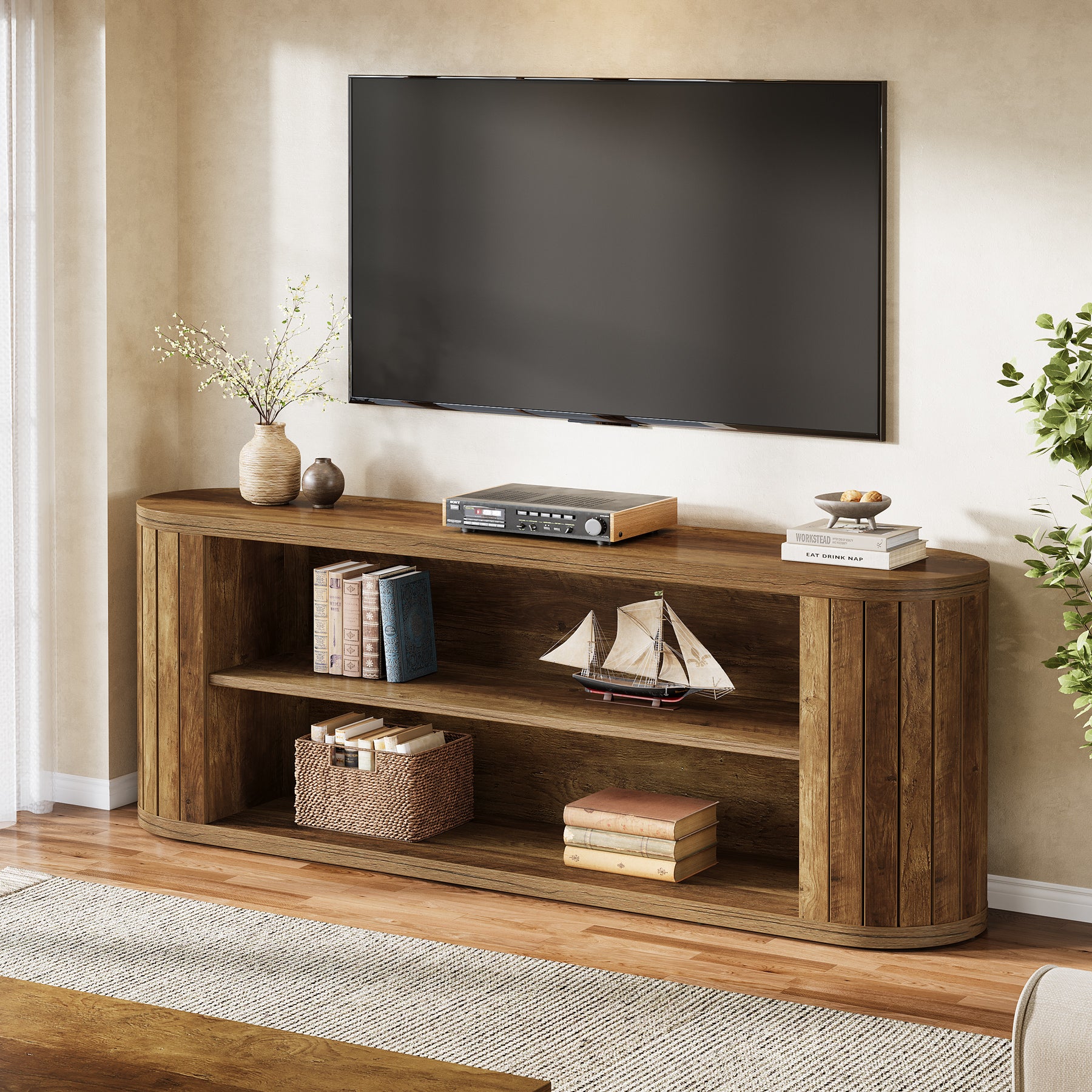 63" TV Stand, Farmhouse Entertainment Center with 3-Tier Storage Shelf
