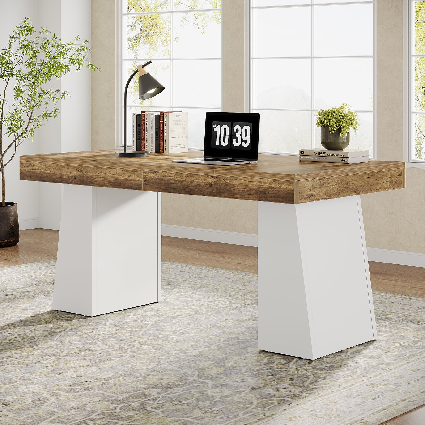55" Executive Office Desk with Double Trapezoid Base, Modern Wooden Computer Desk for Home Office#Color_Brown & White