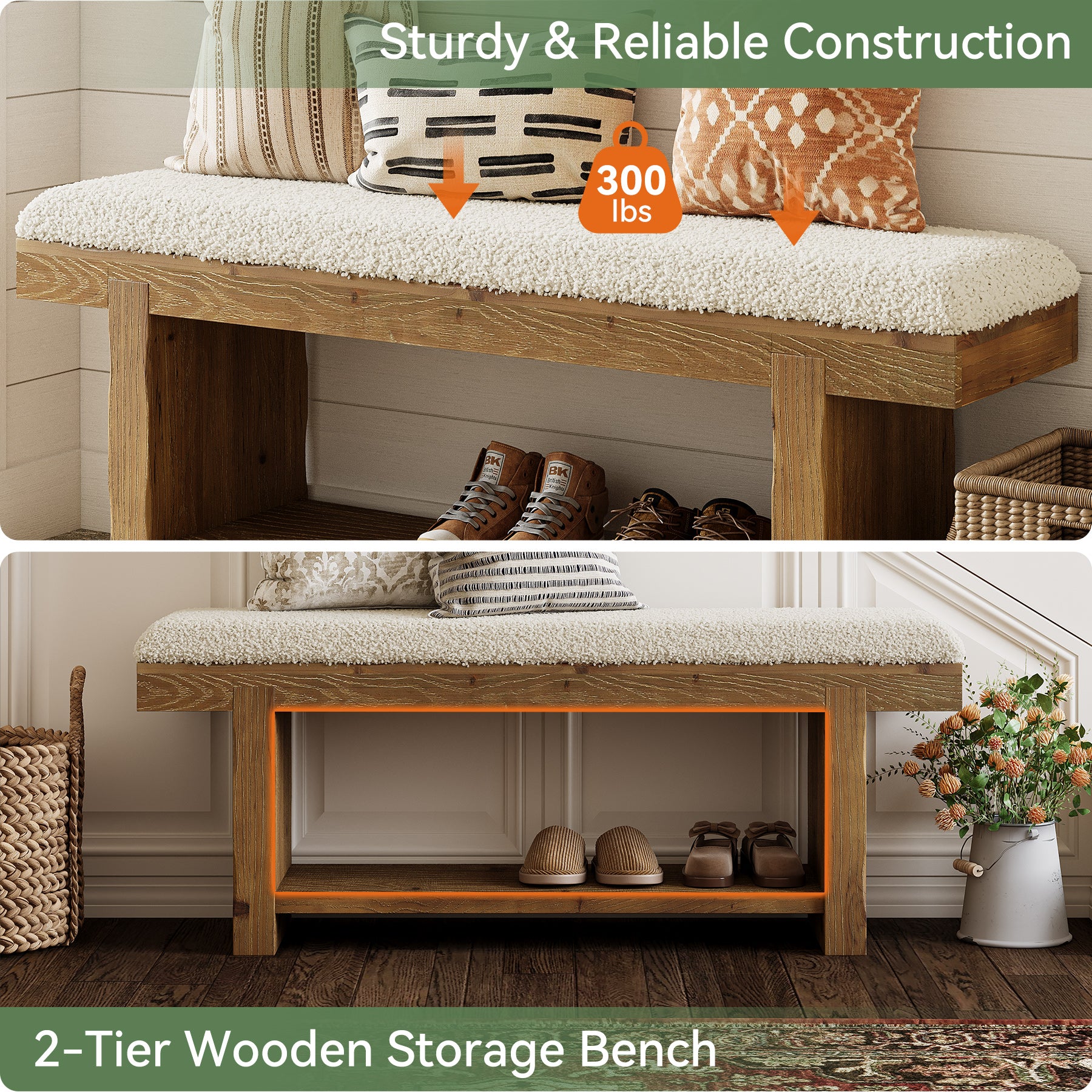 47.2" Solid Wood Farmhouse Bench, Upholstered Storage for Entryway