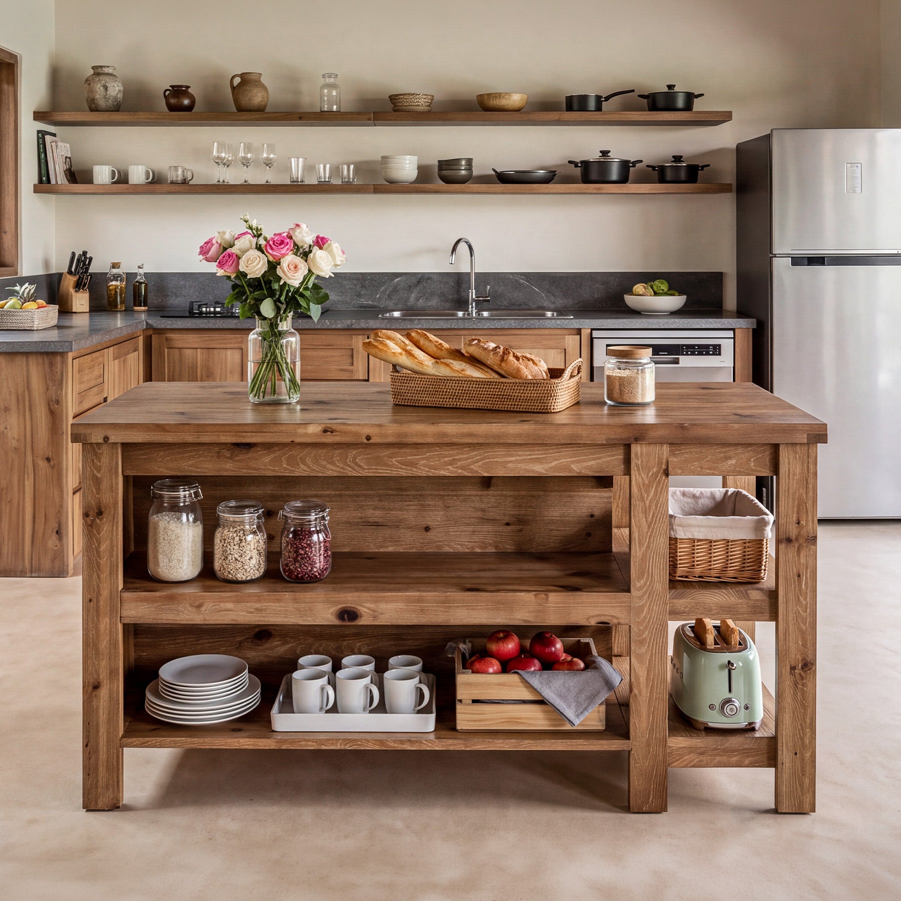 61" Farmhouse Kitchen Island with Storage, 3-Tier Solid Wood, Freestanding Dining Island Table