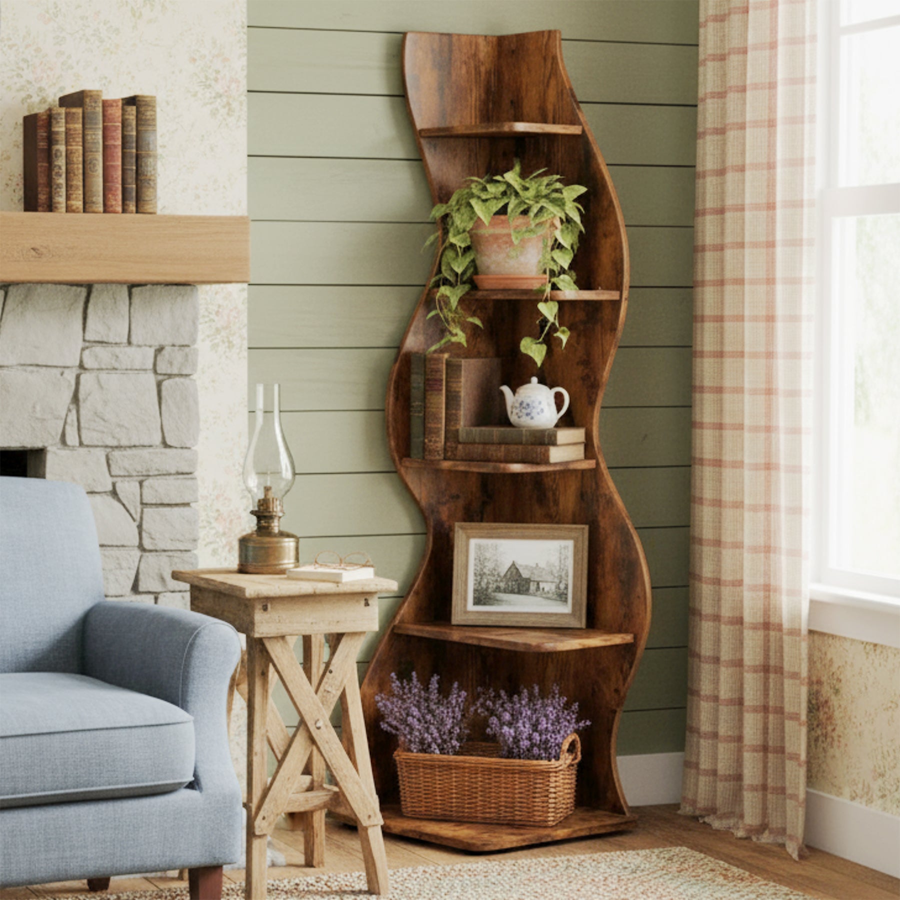 5-Tier Corner Bookcase, Rustic Freestanding Corner Shelf for Small Spaces