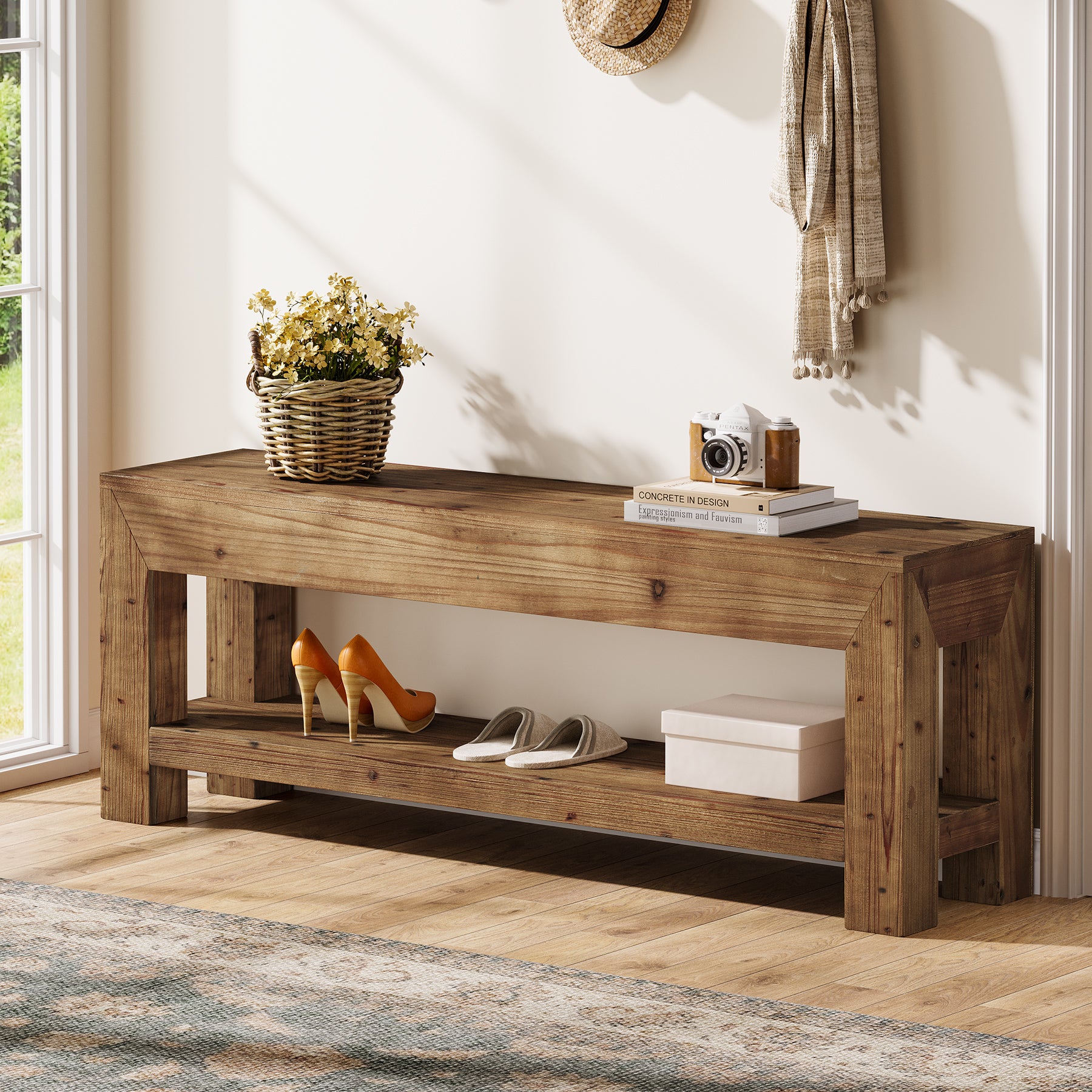 47.24" Solid Wood Entryway Bench, Narrow Shoe Bench with Open Shelves