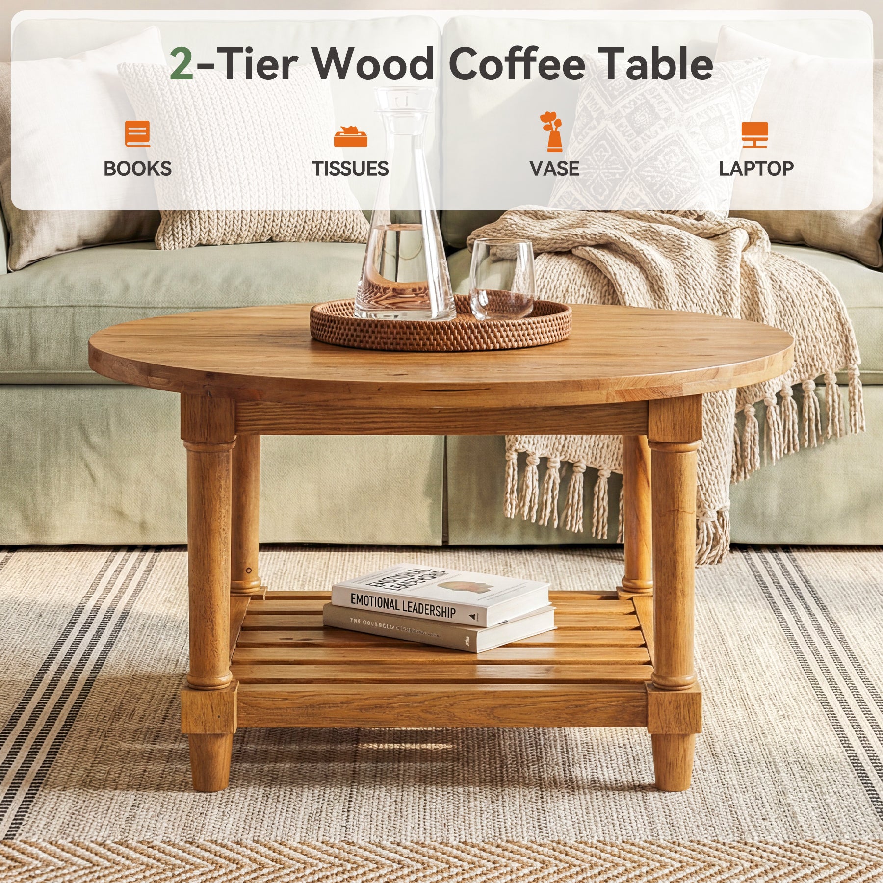 Solid Wood Round Coffee Table, 31.5" Center Table with 2-Tier Storage