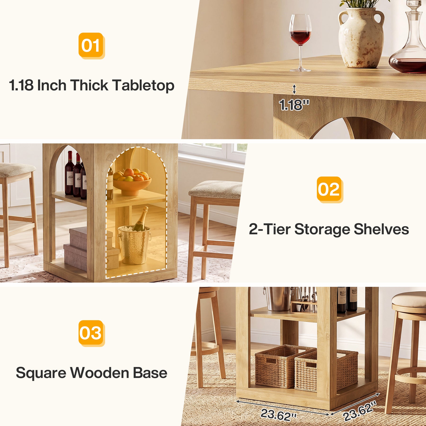 47.2" Square Bar Table, Farmhouse Counter Height Pub Table with Storage Shelves