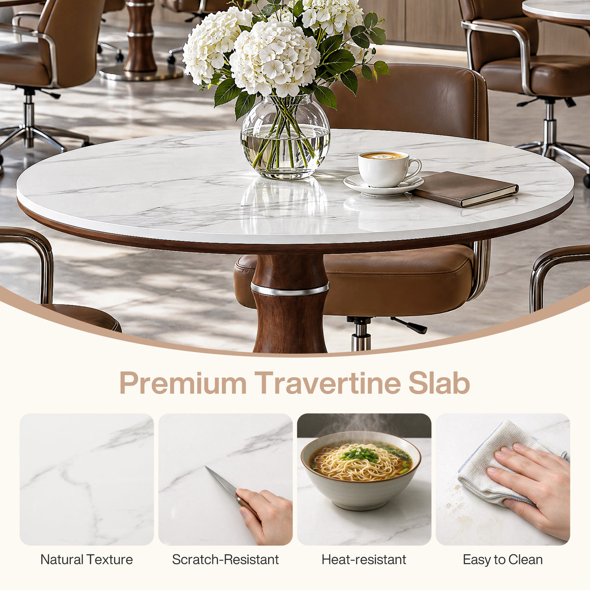 35" Round Sintered Stone Dining Table for 2-4, Rubberwood Pedestal & Stainless Steel Base