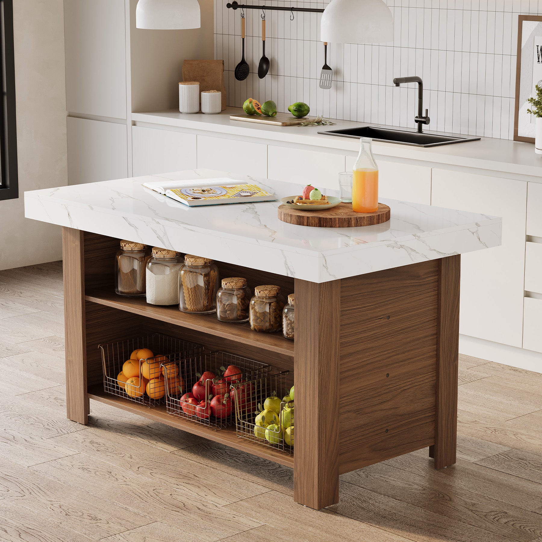 55" Kitchen Island, 3-Tier Island Table Counter Height Bar Table