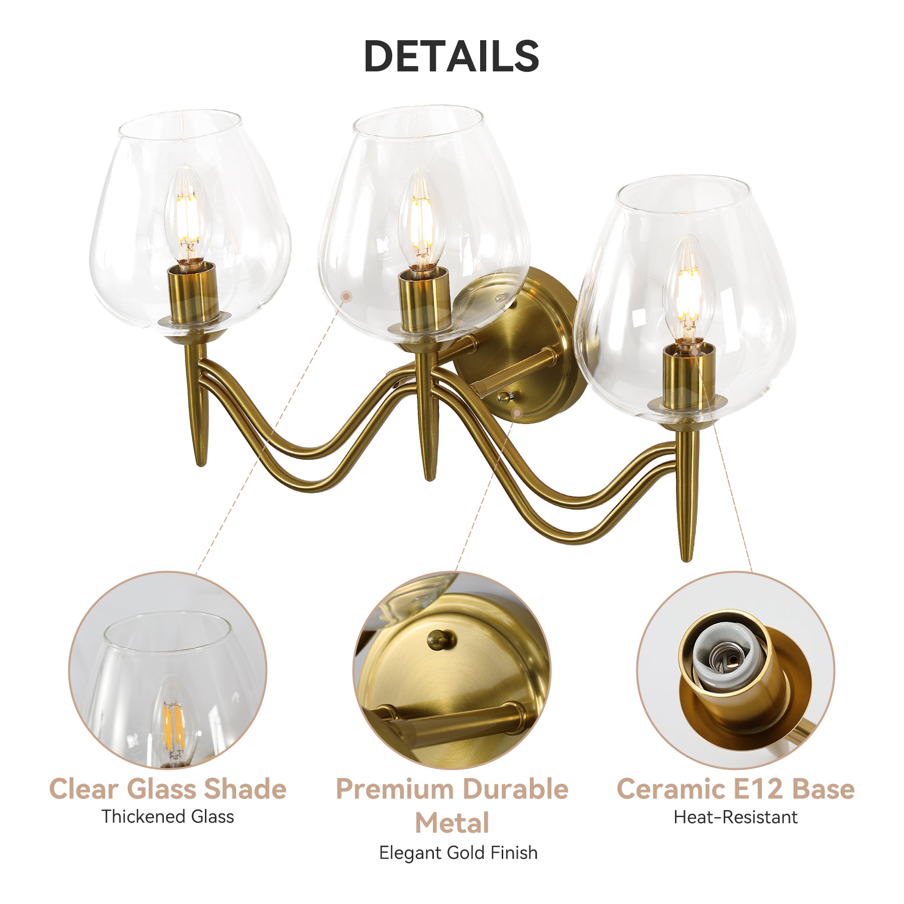 3-light Bathroom Vanity Light, Gold Metal & Clear Glass Wall Sconce With E12 Base
