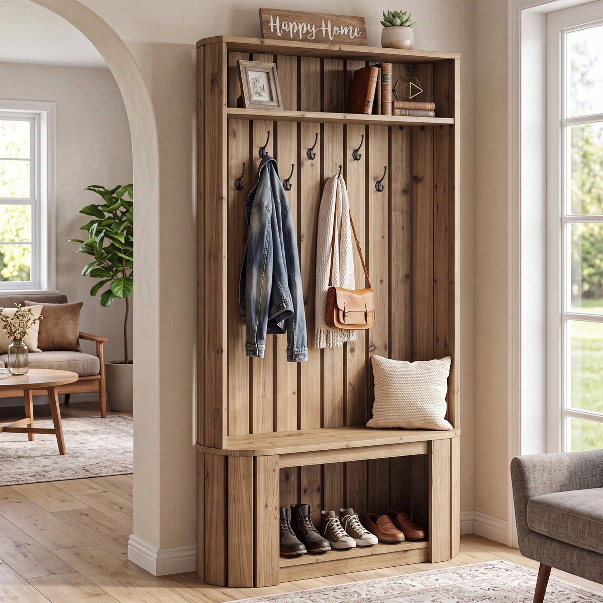 Solid Wood Hall Tree with Bench & Shoe Storage, 7 Hooks, Freestanding Entryway Coat Rack
