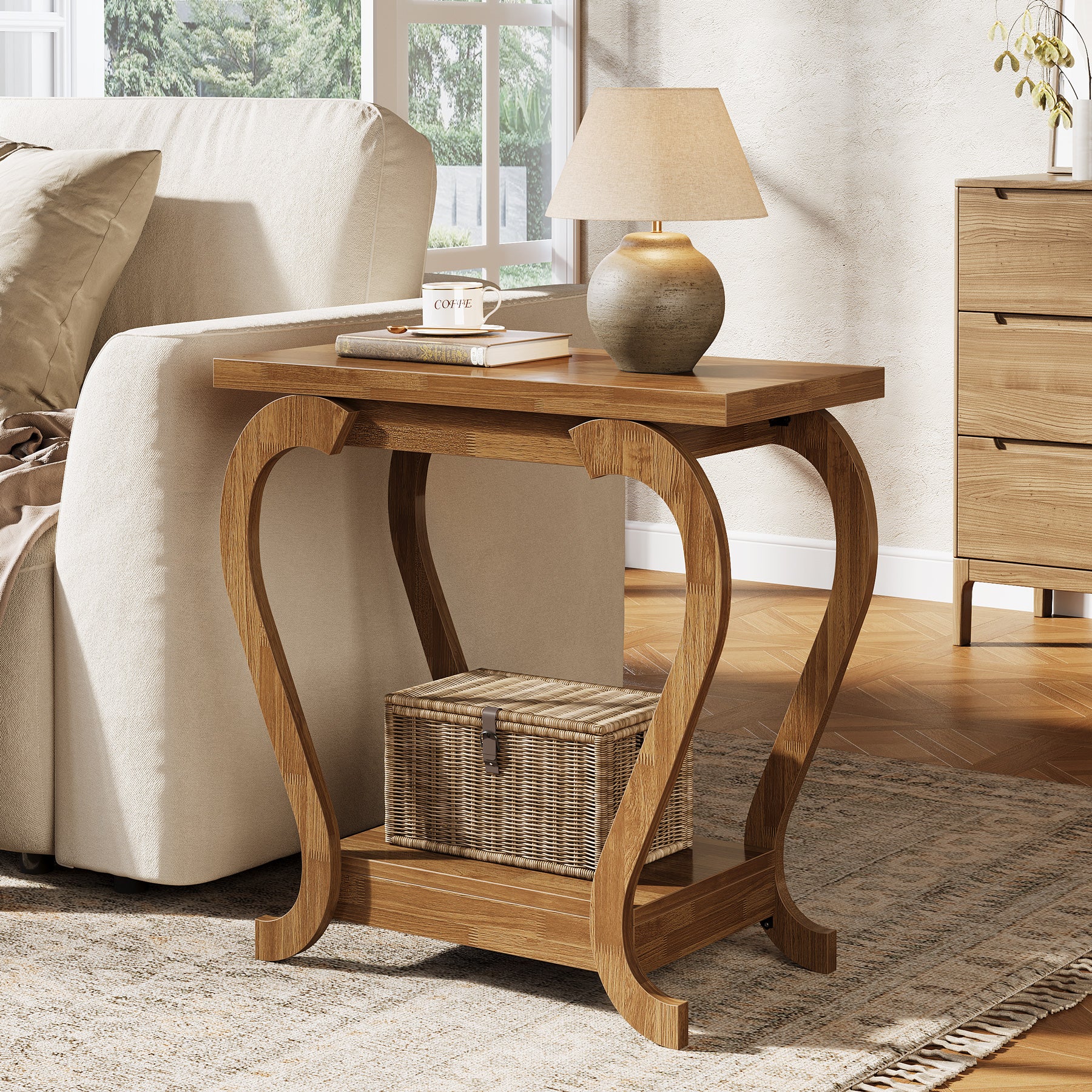 2-Tier End Table, Narrow Accent Side Table with with Storage Shelves