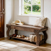 55" Solid Wood Entryway Bench with Storage Shelf, 2-Tier Farmhouse End of Bed Seat 3