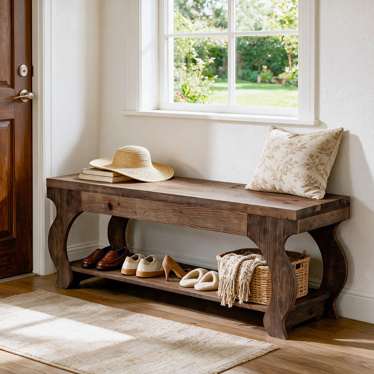 55" Solid Wood Entryway Bench with Storage Shelf, 2-Tier Farmhouse End of Bed Seat